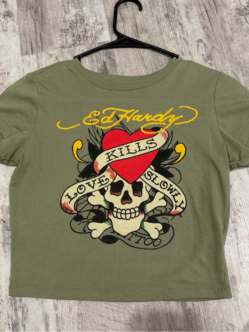 Ed Hardy Olive baby tee Graphic Skull Tee - 'Love Kills'